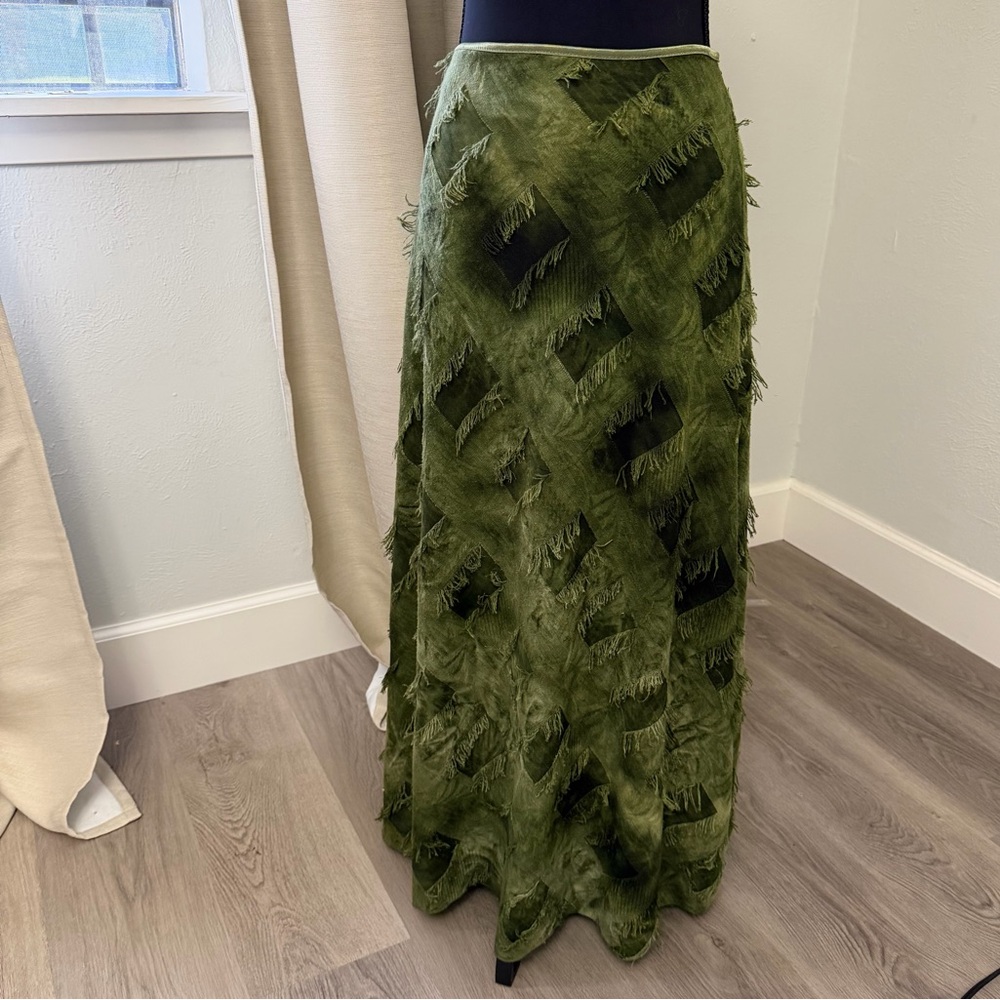 Tribal Olive Fringe Maxi Skirt Hippie Boho Size 8